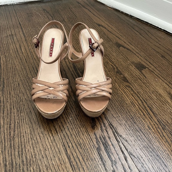 Prada Womens Strappy Nude Leather Cork Wedge Sandals. US size 6.5 - Picture 2 of 11